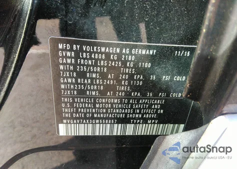 2016 Volkswagen Tiguan Se from USA, damaged, VIN WVGAV7AX3GW558857